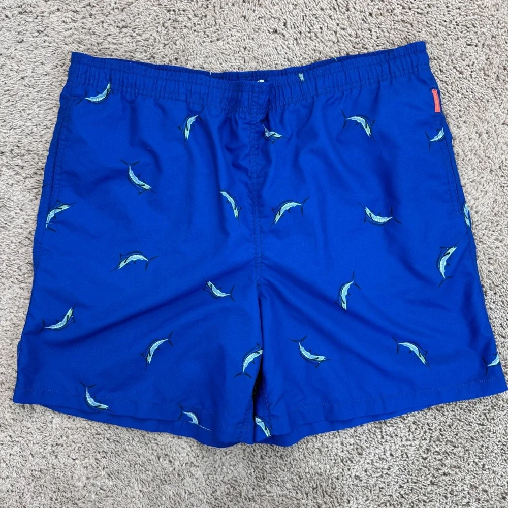 Alex Cannon Swim Trunks Men L Marlin Print Quick Dry Blue Drawstring Swim Shorts